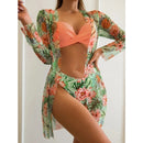 Conjunto Biquíni 3 Peças Feminino Cintura Alta Floral