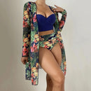 Conjunto Biquíni 3 Peças Feminino com Saída de Praia Estampa Tropical