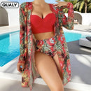 Conjunto Biquíni 3 Peças Feminino com Saída de Praia Estampa Tropical