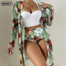 Conjunto Biquíni 3 Peças Feminino com Saída de Praia Estampa Tropical