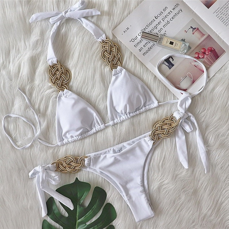 Conjunto de Biquíni Feminino Trançado com Amarração