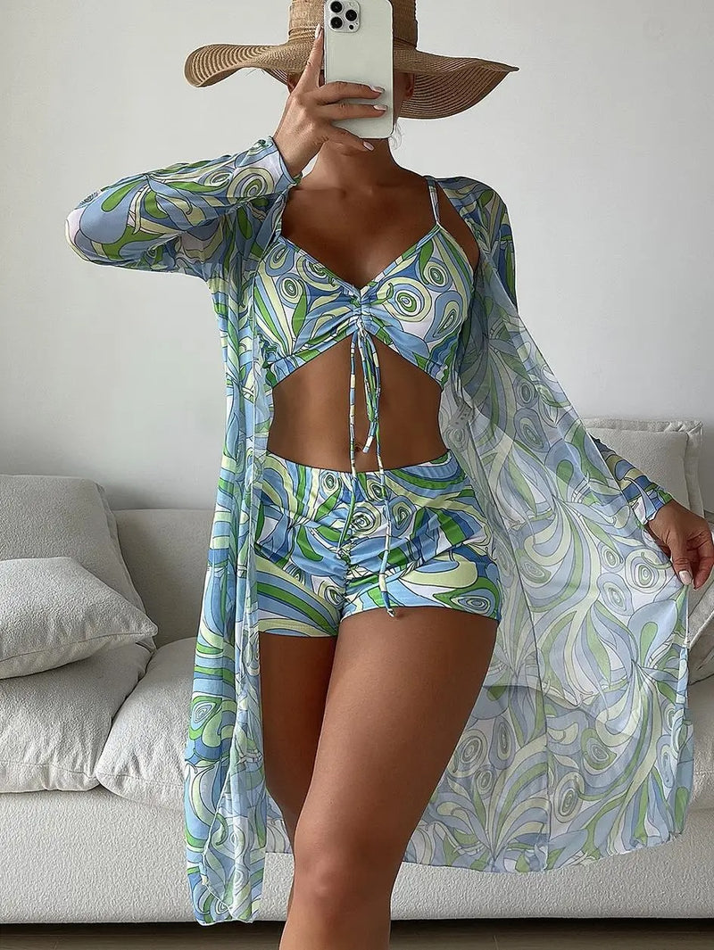 Conjunto de Biquíni Feminino de 3 Peças Estampado