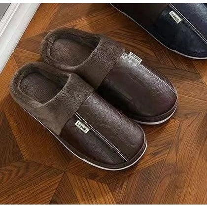 Pantufa Masculina de Couro Impermeável Antiderrapante para Inverno