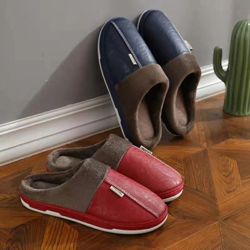 Pantufa Masculina de Couro Impermeável Antiderrapante para Inverno