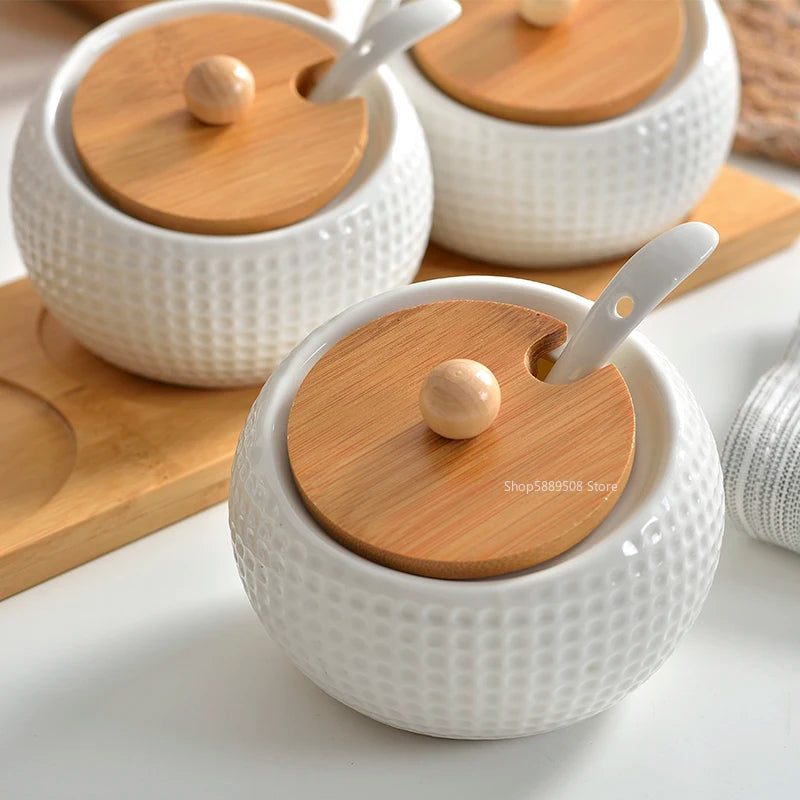 Recipiente de Condimento de Porcelana com Tampas de Bambu