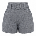 Short Feminino Cintura Alta Mesclado com Cinto Fixo e Bolsos