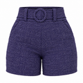 Short Feminino Cintura Alta Mesclado com Cinto Fixo e Bolsos