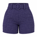 Short Feminino Cintura Alta Mesclado com Cinto Fixo e Bolsos
