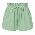 Short Feminino de Linho Cintura Alta com Elástico e Bolsos